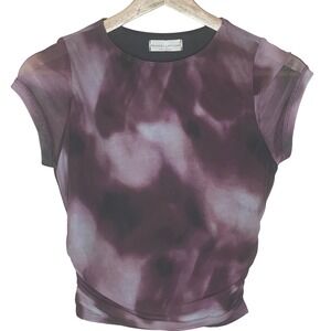 Frankee Skylarr Tunic Top‎ Mesh Swirl Print Sheer Sleeve Ruched Women's Small